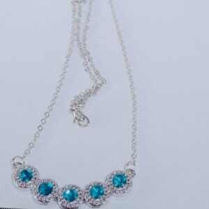 Silver Necklace Blue Aqua Marine Crystal CZ Rhinestone Chain Lobster Clasp NEW